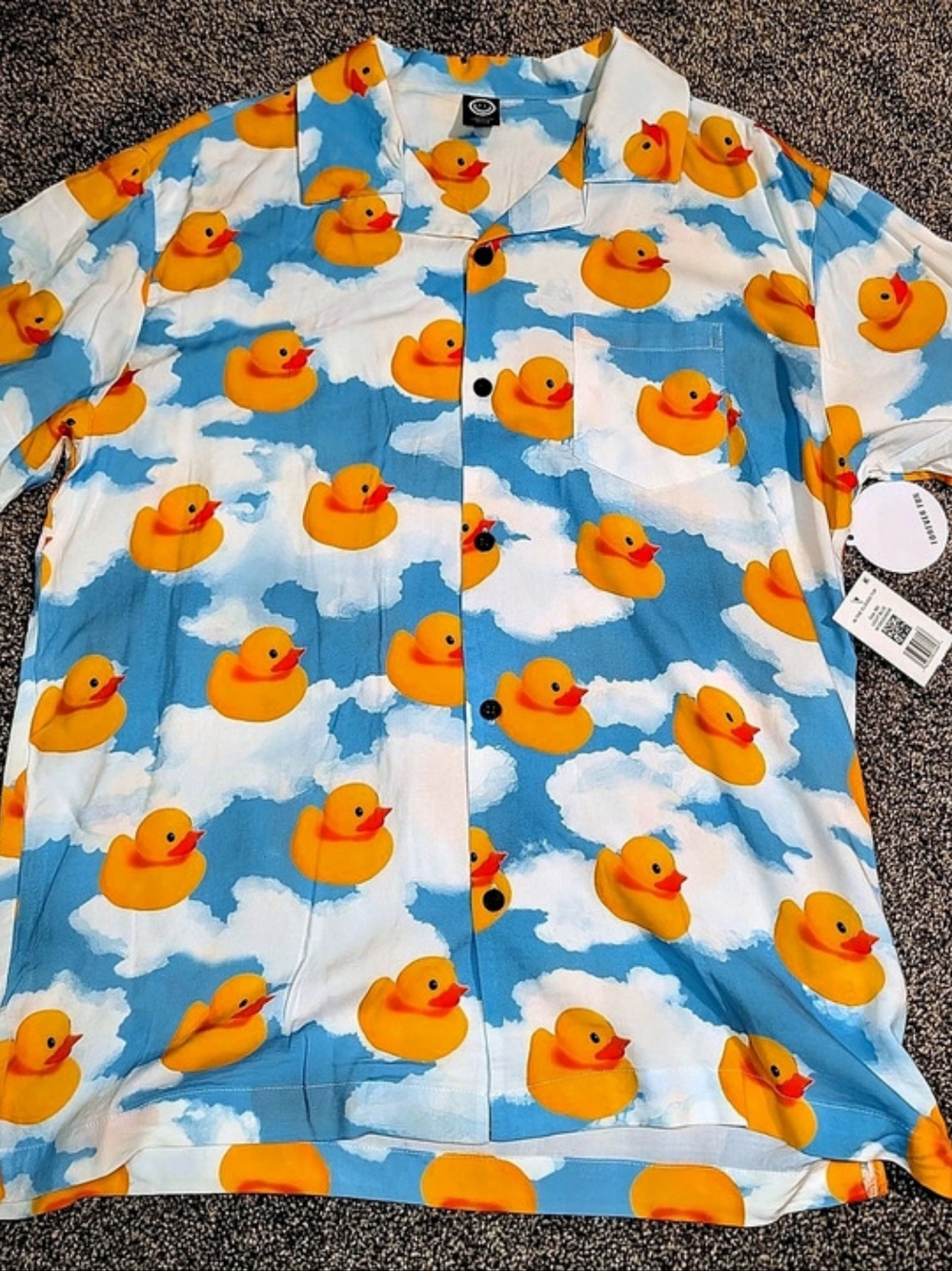 Neff Rubber Ducky Sky Button-Down Short Sleeve Shirt Blue & Orange Medium